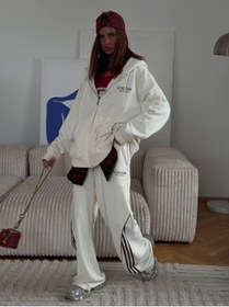 Resim Gia Collection Kadın Oversize Eşofman Takımı Vision Baskılı Beyaz - Kapüşonlu Fermuarlı, Bağcıklı Bel, Boru paça 