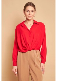 Resim Yakalı Önü Pileli Uzun Kol Likrasız Şık Kumaş Gömlek-kırmızı Kırmızı 