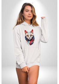 Resim Renki Kedi Sarı Gözlü Tekir Kadın Erkek Beyaz Kapüşonlu Sweatshirt Hoodie Beyaz 