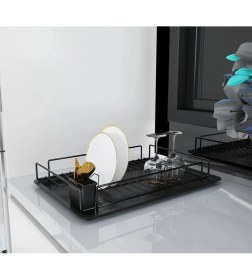 Resim Suntel Banyo ve Mutfak Aksesuarları Tek Katlı Tabaklık Bulaşıklık Mat Siyah + Tepsi Kaşıklık 