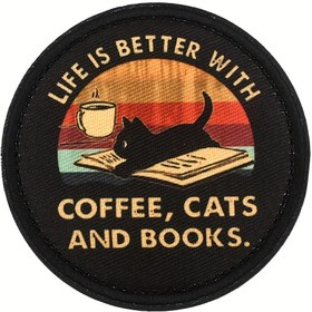 Resim Kahve, Kediler ve Kitaplarla Hayat Daha Güzel Komik Baskı Yamaları, Sırt Çantası, Yelek, Kask, Giysi için Kanca Döngü Rozeti, Kendin Yap Dikiş El Sanatları 