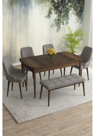 Resim Meri Serisi 80x132 Açılabilir Mdf Barok Ahşap Desen Masa Takımı 4 Gri Sandalye 1 Bench Gri 