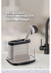 Resim Grimorlife Fırçalı Telli Mutfak Seti Bej- Standlı Plastik Mutfak Lifli Sünger Hediyeli Bej 