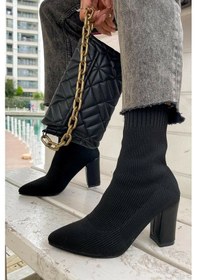 Resim Günlük Kadın Streç Triko Kalın Yüksek Topuklu Bot Bootie Çorap Şeritli Sivri Burun Ayakkabı 167 Siyah 