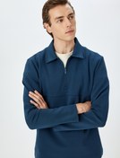 Resim Dikiş Detaylı Pamuk Karışımlı Basic Yarım Fermuarlı Sweatshirt 