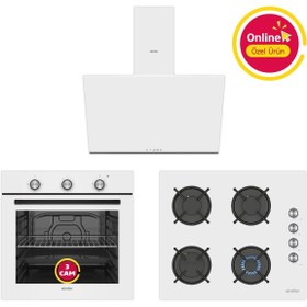 Resim Simfer 4 Fonksiyon Trend Mekanik Beyaz Cam 3'lü Ankastre Set (8255 Fırın - 3048 Ocak - 8728 Davlumba 
