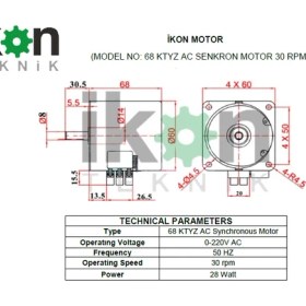 Resim İkon Teknik AC SENKRON MOTOR 68 KTYZ 28 Watt 30 RPM 220 Volt 