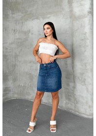 Resim HLT Jeans Açık Mavi Kadın Regular Fit Yüksek Bel Orta Boy Denim Kot Etek Alice-4003 Açık Mavi 