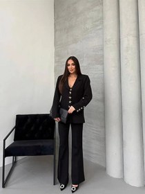 Resim Tane Tasarım Kadın Gold Yıldız Düğmeli Blazer Ceket&flare Pantolon Takımı Siyah Siyah 