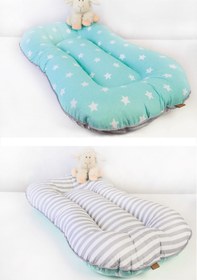 Resim Oval Bebek Yatak Cift Yonlu Mint Yildiz Ve Gri Cizgili Model 