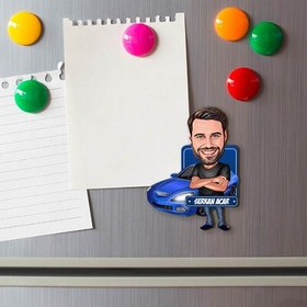 Resim Mavi Spor Arabalı Erkek Karikatürlü Buzdolabı Magneti 