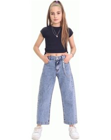 Resim Gzt Tekstil Kız C Ocuk Pantolon Kız Çocuk %100 Pamuk Bol Paça Zincirli Jeans Kot Pantolon 6-15 Yaş Denim 