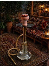 Resim Gold Cam Nargile Takımı 55 Cm Modern Tasarım, Kalın Cam Şişe, Şık Hortumlu Nargile Seti 