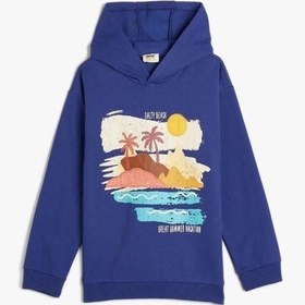 Resim Koton Erkek Çocuk Kapşonlu Sweatshirt Uzun Kollu Tropik Baskılı Şardonlu Mavi 