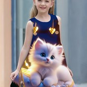 Resim Kızlar için 3D Kedi Baskılı Kolsuz Elbise, Kalp ve Fener Desenli, 3-10 Yaş İçin Rahat Polyester Prenses Elbisesi, Sonbahar & Kış, Yuvarlak Yaka 