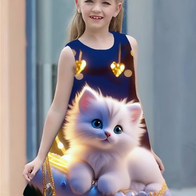 Resim Kızlar için 3D Kedi Baskılı Kolsuz Elbise, Kalp ve Fener Desenli, 3-10 Yaş İçin Rahat Polyester Prenses Elbisesi, Sonbahar & Kış, Yuvarlak Yaka 