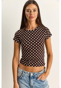 Resim Shade Kadın Bisiklet Yaka Puantiyeli Kısa Kollu Likralı Crop T-shirt 6137 60286127 - Kahverengi-bej Çok Renkli 