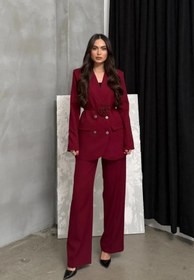 Resim buqre's moda Kadın İkili Blazer Ceket Pantolon Takım Aksesuar Gül ve Düğme Detaylı Bol Paça 