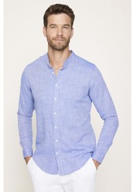 Resim Tudors Slim Fit Hakim Yaka Pamuklu Keten Erkek Sax Mavi Gömlek-27768-saks Mavi Saks 
