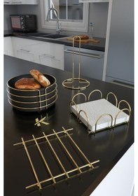 Resim Karteya Servis Sunum Seti Ve Ekmek Sepeti Havluluk Peçetelik Nihale Ekmeklik Altın Gold 4'lü Çeyiz Set Gold 