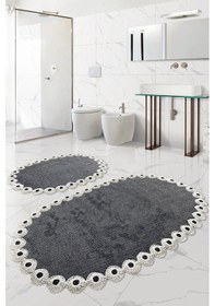 Resim Gülruba Ovakl Antrasit Çeyizlik Dantelli 2'li Banyo Paspası Seti Kaymaz Tabanlı Klozet Takımı 