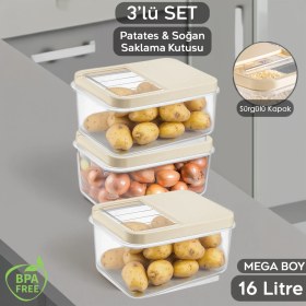 Resim Meleni Home 3'lü 16 Litre Sürgülü Kapak Sebzelik, Patates Soğan Sebze Saklama Kabı, Erzak Saklama Kabı-Krem 