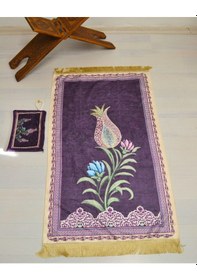 Resim Pratik Ve Taşınabilir İpek Dokulu Çantalı Seccade Lale Desenli Mor- Fermuarlı Mor 