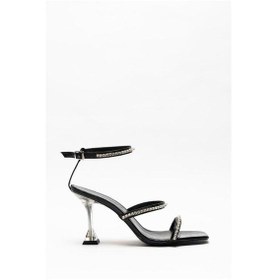 Resim Siyah Kadın Şeffaf Topuklu Taşlı Bantlı Topuklu Abiye Ayakkabı Melisa 001 