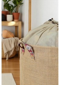 Resim İronika Jüt Garni Detaylı Büzgülü Sepet Oyuncak Çamaşır Havlu Sepeti Yuvarlak Temiz Kirli Çamaşır Sepeti Kahverengi 