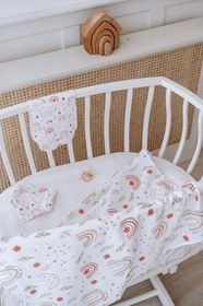 Resim (1053)%100 Organik Pamuk Çift Katlı Gökkuşağı Desenli Müslin Örtü Seti (100x100 muslin-Önlük-Omuz Bezi) Renkli Tek Ebat 