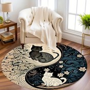 Resim Yin Yang Kedi Tasarım Yuvarlak Alan Halısı - Yumuşak Kristal Kadife, Makinede Yıkanabilir, Polyester, Kapalı Alan Kullanımı Oturma Odası ve Yatak Odası Dekoru, Tatil Temaları 