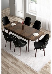 Resim Canisa Tia Serisi 80x132 Mdf Açılabilir Barok Ahşap Desen Gold Detay Masa Takımı Ve 6 Siyah Sandalye Masa Barok Ahşap Desen Sandalye Siyah 