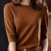 Resim Kadınlar İçin Vintage Yüksek Esneklikli Yuvarlak Yaka & Kısa (5/6) Kollu Bluz - Tüm Mevsimler İçin Katmanlı Günlük Üst, Temel Gardırop Parçası - Kolay Bakım Pürüzsüz Dokusu (Elde Yıkama/Kuru Temizleme) - Gömlek Değil 