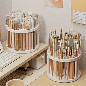 Resim 360° Dönebilen Sanat Fırçası ve Makyaj Aleti Organizatörü - Boyalı Yüzeyli Beyaz Plastik Tutucu, Yer Tasarruflu Masaüstü Depolama, Kolay Temizlenebilir, Şık Görünüm, Yılbaşı ve Yeni Yıl Hediyesi İçin İdeal 