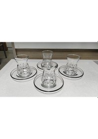 Resim Rak Le Cam Kalp Dekorlu Tabaklı 4 Kişilik 8 Parça Çay Bardak Seti - 132 Cc Şeffaf 