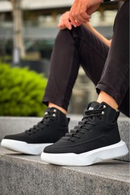 Resim Byshoes BA0321 Gizli Bağcıklı Erkek Yüksek Taban Siyah Beyaz Spor Bot 