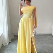 Resim Kadınlar İçin Şık Tek Omuzlu A Kesim Elbise - Büzgülü Göğüs Detaylı ve Esnek Etekli, Canlı Sarı Renkli Düğün, Parti ve Yaz Etkinlikleri için Abiye Kıyafet - Fırfır Kenarlı Asimetrik Yaka, Sadece Elde Yıkama, Kaliteli Etkinlik Giysisi 