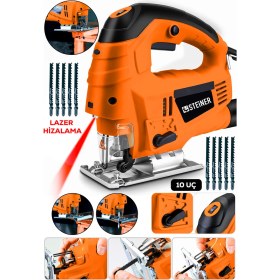 Resim Steiner Alman 4600 W Lazerli Sjs Metal Şanzuman 6 Kademe Devirli Pandül Ayarlı Dekupaj Testere Makinesi Turuncu + 10UÇ 