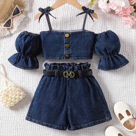 Resim Kızların Moda Stili Kızlar için Askılı Sevimli fiyonklu denim üst ve volanlı denim şort seti, kemerle birlikte, Dış mekan için mükemmel 