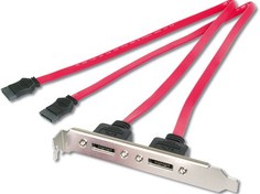 Resim AK-400203-005-R SATA Slot Bracket Tipi Kablo, SATA II/III, 2 x SATA 7 pin Erkek L-tip Konnektör - 2 x SATA 7 pin Dişi L-tip Konnektör, 0.5 metre, kırmızı renk 