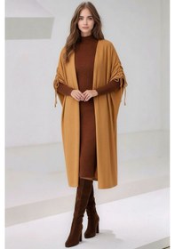 Resim Kadın Tesettüre Uygun Midi Boy Yarasa Kol Omuzdan Bağlamalı Triko Curve Uyumlu Kuşaksız Hırka Ceket VIZON 