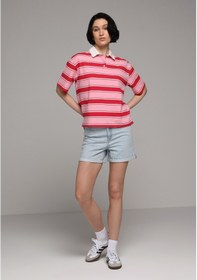 Resim Colin's Colins Regular Fit Polo Yaka Çizgili Kadın Kirmizi Kısa Kol Tişört Cl1080078 Q1.v1 Red Kırmızı 