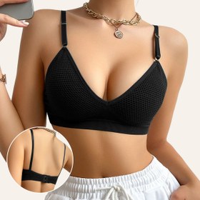 Resim Kadınların Siyah Post-Back Kapatma Braleti, Rahat Üçgen Kupası Tasarımı, Çıkarılabilir Pedler, Ayarlanabilir Omuz Askıları ve Tekstürlü Kupası ile Güçlendirilmiş Bir Gardırop Görünümü, Tüm Mevsimler İçin Uygundur. 