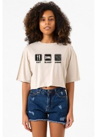 Resim Eat Sleep Anime Bej Kadın Crop Tshirt Bej 
