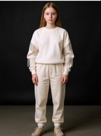 Resim Kız Çocuk Yüzde Yüz Pamuklu İki İplik Zincir Detaylı Sweatshirt-16698 Ekru 