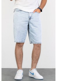 Resim HLT Jeans Erkek Mavi Kar Yıkamalı Baggy Fit Rahat Kesim %100 Pamuk Denim Loose Jeans Kot Şort Arthur-Mavikar 001 