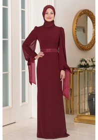 Resim Raika Moda Kol Detaylı Firuze Şifon Tesettür Abiye Bordo 