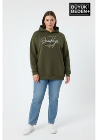 Resim Süperlife Kadın Büyük Beden Kapüşonlu El Yazılı Brooklyn Baskılı İnce Sweatshirt Spr26bswk958 Haki 