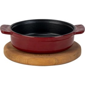 Resim Lava Döküm Yuvarlak Güveç Kabı Döküm Demir Yekpare Çift Kulplu Kayın Servis Ahşabı ÇAP(Ø)14CM.-BORDO 