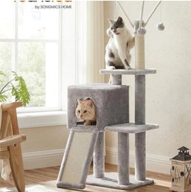 Resim AyrStore PCT143W01 kedi ağacı, tırmalama tahtalı, 3 çıkarılabilir ponpon çubuğu, 118 cm, açık gri 